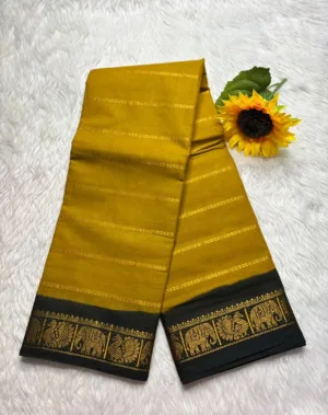 Madurai Sungudi Cotton Veludhari Contrast Border with running blouse - Mustard yellow with black