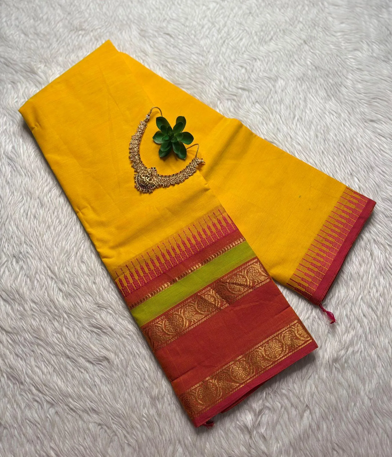 kanchi cotton saree with Running Blouse- Kanchi cotton- Yellow with Orange