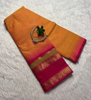 kanchi cotton saree with Running Blouse- Kanchi cotton- Orange with Rani pink
