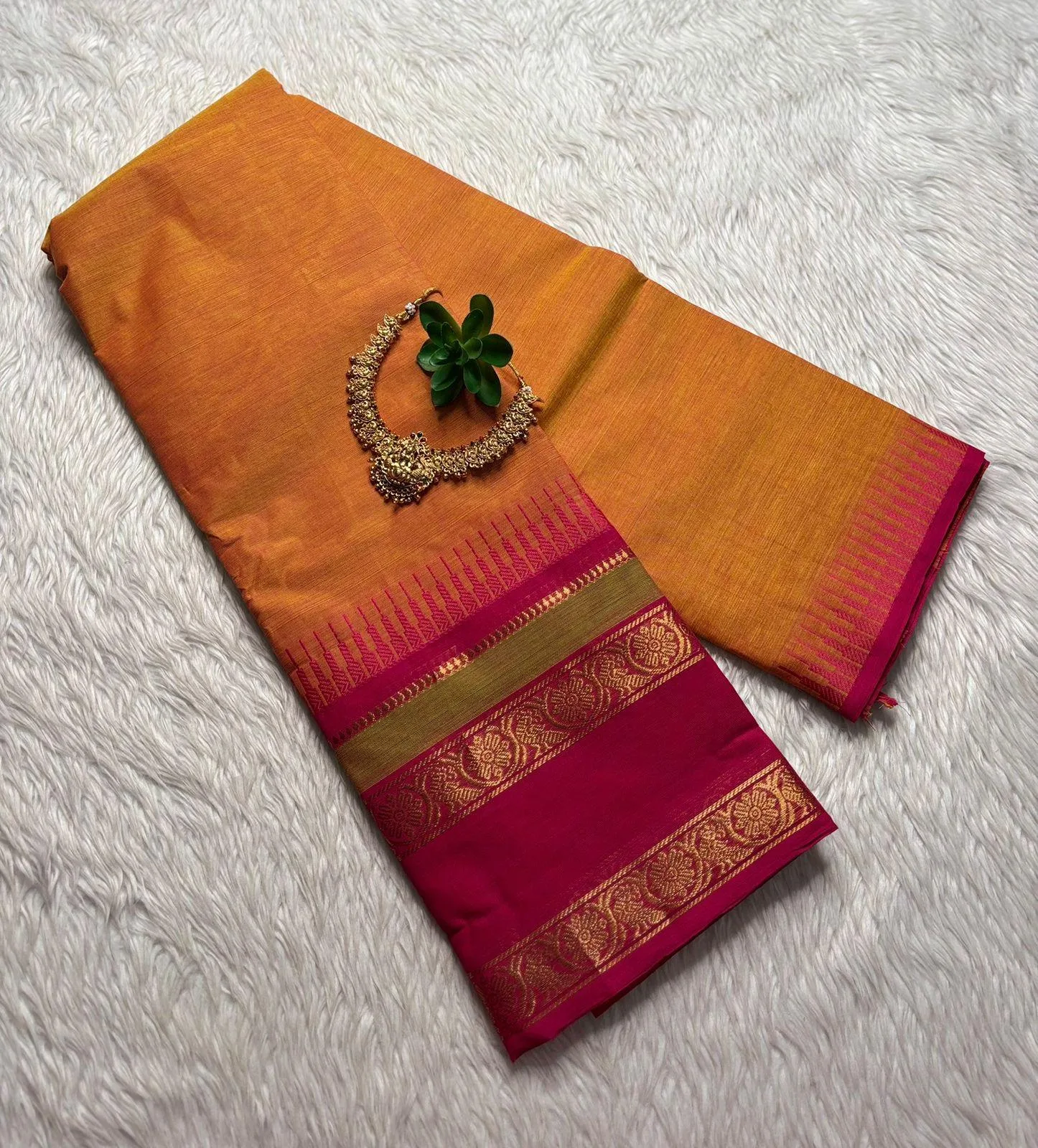 kanchi cotton saree with Running Blouse- Kanchi cotton- Orange with Rani pink