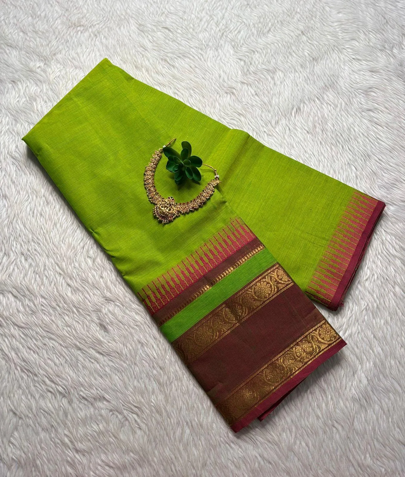 kanchi cotton saree with Running Blouse- Kanchi cotton- Parrot green with Brown