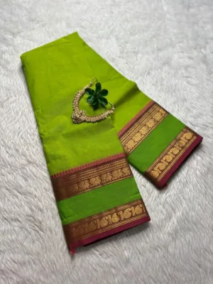kanchi cotton saree with Running Blouse- Kanchi cotton- Parrot green with green