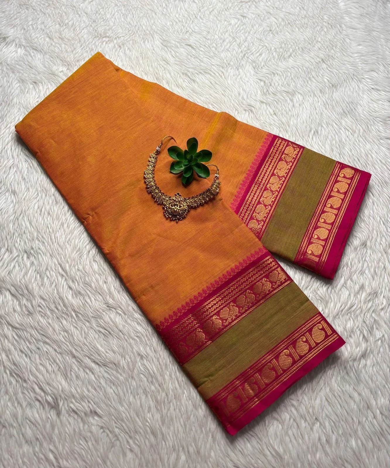 kanchi cotton saree with Running Blouse- Kanchi cotton- Orange with pink