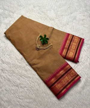 kanchi cotton saree with Running Blouse- Kanchi cotton- Biscuit with Dark pink