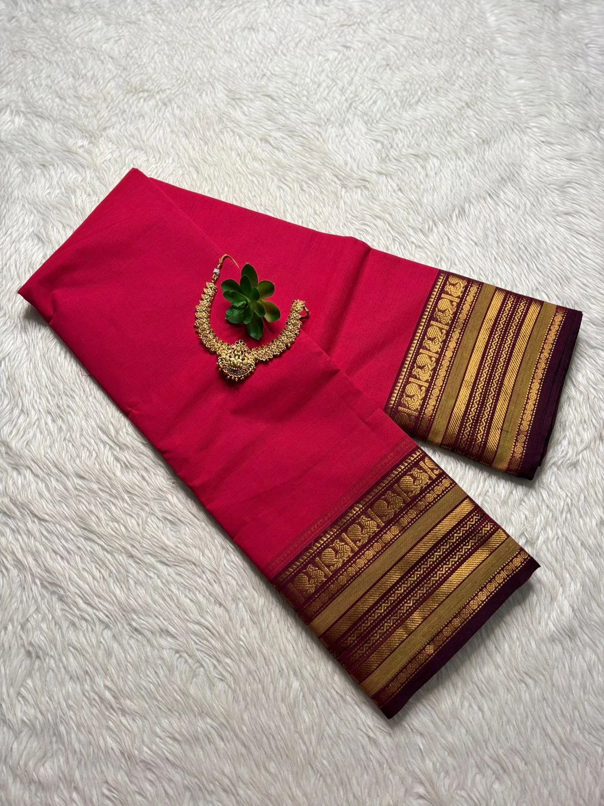 kanchi cotton saree with Running Blouse- Kanchi cotton- Rani pink with Maroon