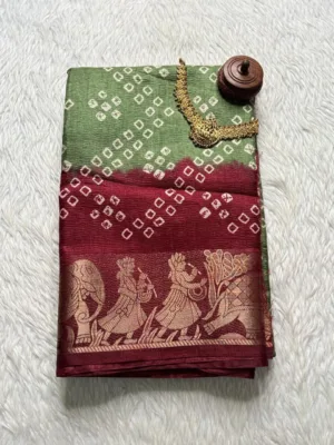 Dola silk saree with running blouse-dola silk-Green with Maroon-bandhini Copy