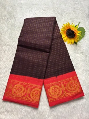 Madurai sungudi Cotton Zari Check Contrast - Brown with orange (Running blouse)