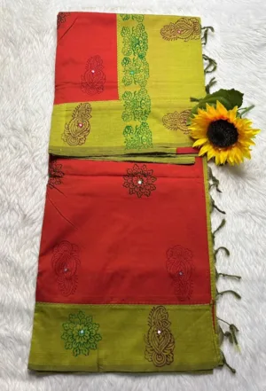 Acrylic print blended cotton sarees with mirror work - Red (Running blouse)