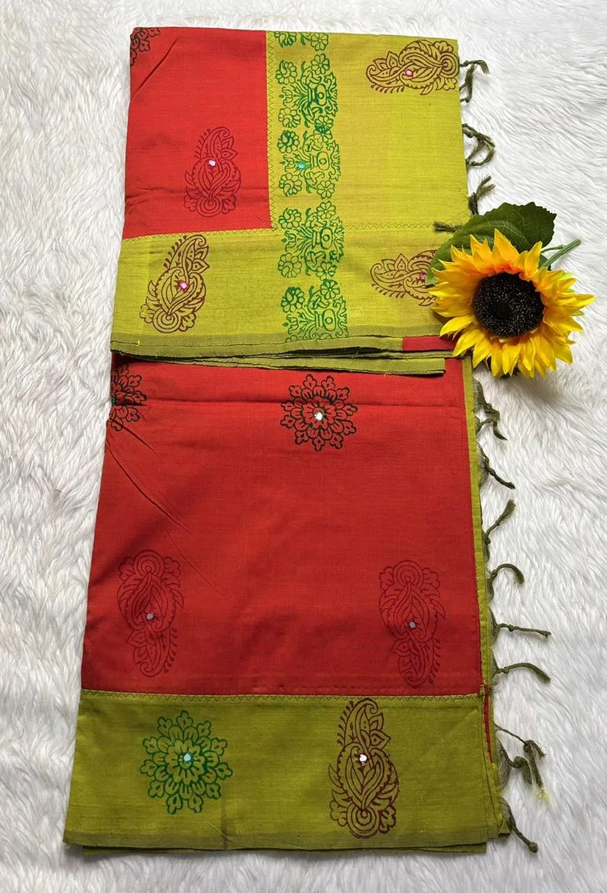 Acrylic print blended cotton sarees with mirror work - Red (Running blouse)