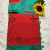 Acrylic print blended cotton sarees with mirror work - Red with Green(Running blouse)