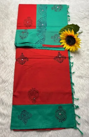 Acrylic print blended cotton sarees with mirror work - Red with Green(Running blouse)
