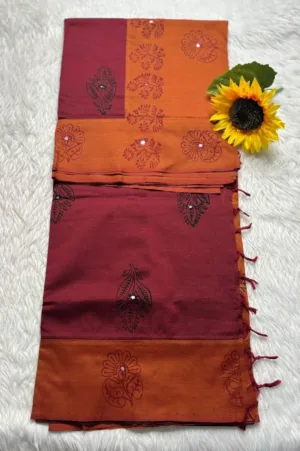 Acrylic print blended cotton sarees with mirror work - Maroon(Running blouse)
