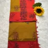 Acrylic print blended cotton sarees with mirror work -Mustard Yellow with orange(Running blouse)