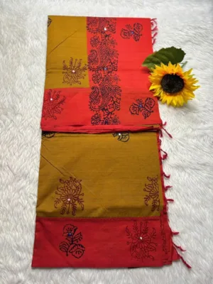 Acrylic print blended cotton sarees with mirror work -Mustard Yellow with orange(Running blouse)