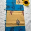 Acrylic print blended cotton sarees with mirror work -Sandel with Sky Blue(Running blouse)
