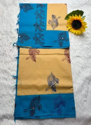 Acrylic print blended cotton sarees with mirror work -Sandel with Sky Blue(Running blouse)