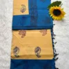 Acrylic print blended cotton sarees without mirror work -Sandel with Sky Blue(Running blouse)