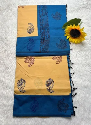 Acrylic print blended cotton sarees without mirror work -Sandel with Sky Blue(Running blouse)