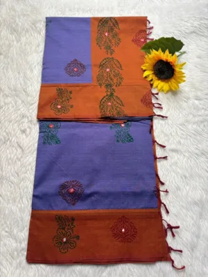 Acrylic print blended cotton sarees without mirror work -Violet(Running blouse)