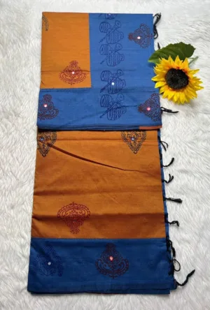Acrylic print blended cotton sarees with mirror work -Mustard Yellow with Blue(Running blouse)