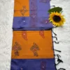Acrylic print blended cotton sarees with mirror work -Mustard Yellow with Violet(Running blouse)