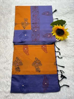 Acrylic print blended cotton sarees with mirror work -Mustard Yellow with Violet(Running blouse)