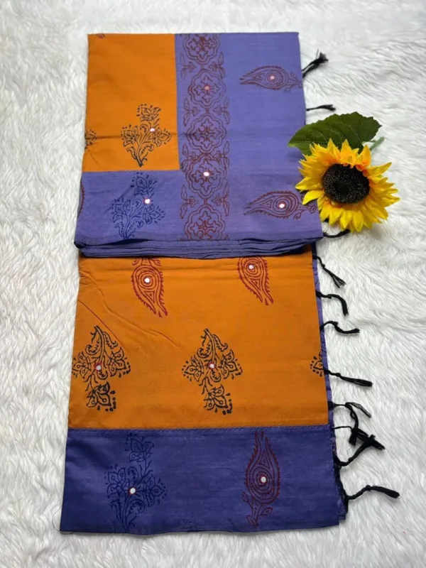 Acrylic print blended cotton sarees with mirror work -Mustard Yellow with Violet(Running blouse)