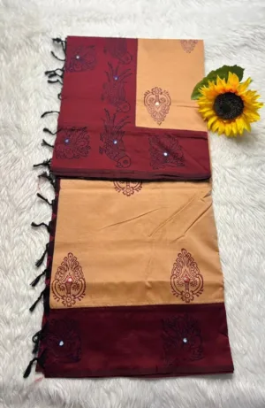 Acrylic print blended cotton sarees with mirror work - sandel (Running blouse)