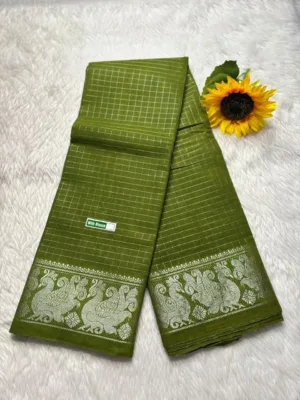 Madurai sungudi Cotton Silver Zari - Mehandi green (Running blouse)