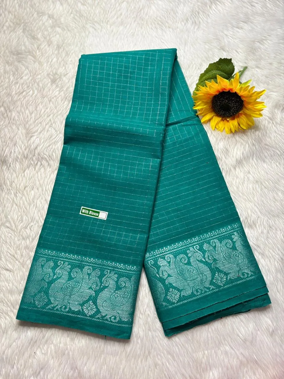 Madurai sungudi Cotton Silver Zari - Silver green (Running blouse)