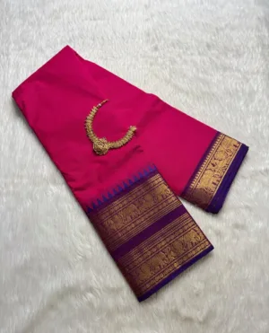 kanchi cotton saree with Running Blouse- Kanchi cotton- Dark Pink with Meganta pink