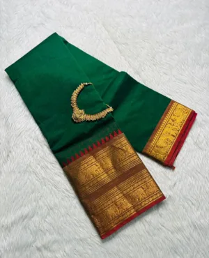 kanchi cotton saree with Running Blouse- Kanchi cotton- Green