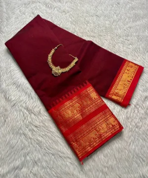 kanchi cotton saree with Running Blouse- Kanchi cotton- Maroon with Orange Red