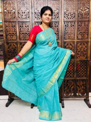 Madurai Sungudi Cotton Self Zari Checked - Sea blue - Self Zari Gold