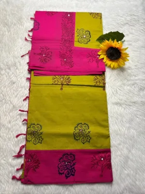 Acrylic print blended cotton sarees with mirror work - Green (Running blouse)