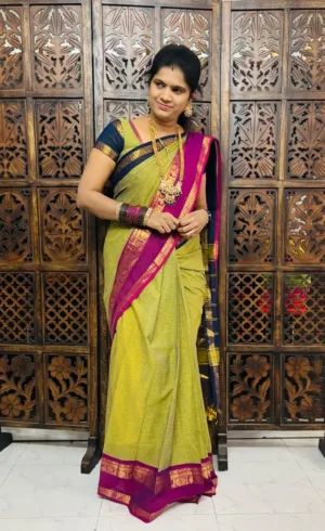 kanchi cotton saree with Running Blouse- Ganga Jamuna Border- Light Green (pre booking 29/9/25 Dispatch)