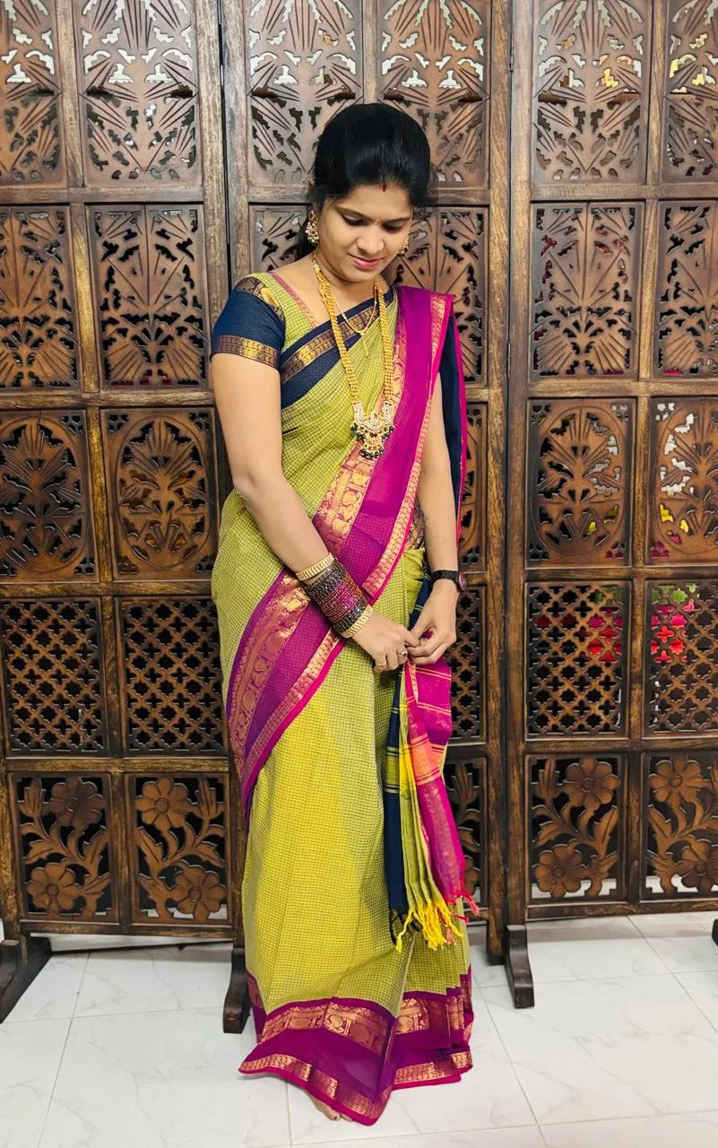 kanchi cotton saree with Running Blouse- Ganga Jamuna Border- Light Green (pre booking 29/9/25 Dispatch)