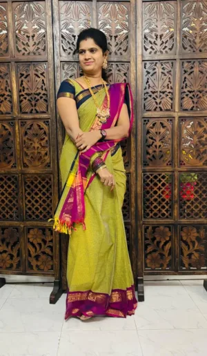kanchi cotton saree with Running Blouse- Ganga Jamuna Border- Light Green (pre booking 29/9/25 Dispatch)