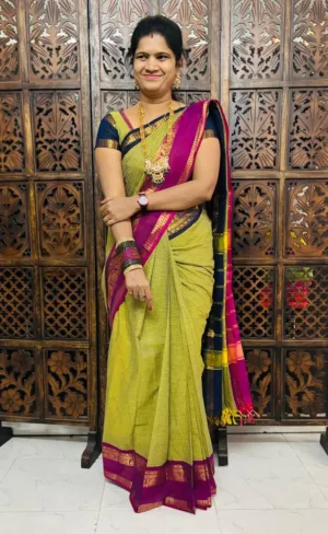 kanchi cotton saree with Running Blouse- Ganga Jamuna Border- Light Green (pre booking 29/9/25 Dispatch)