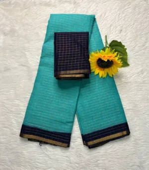 Madurai sungudi Cotton Zari Check Contrast -Sea Blue with Blue (With Blouse)-Pentex