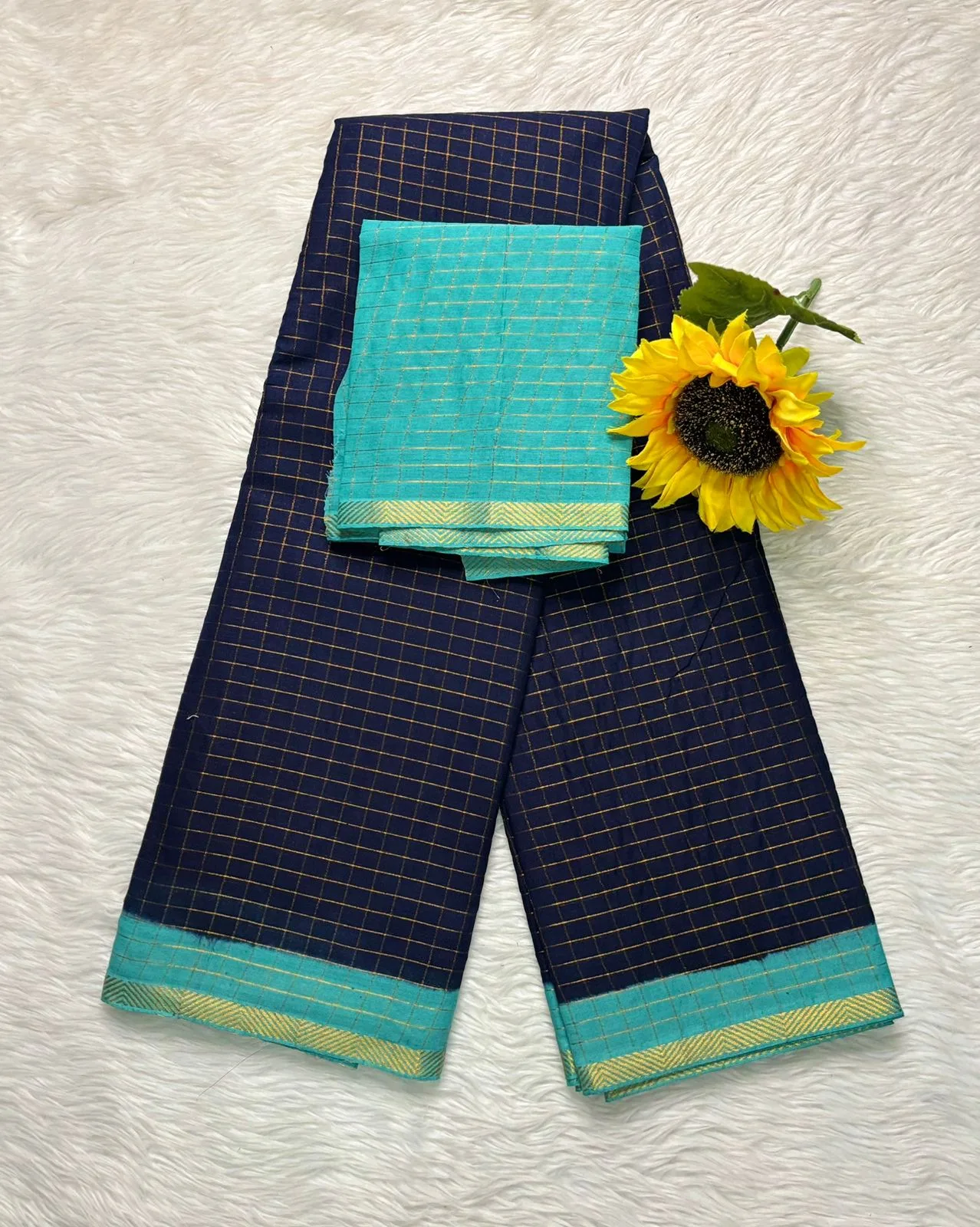 Madurai sungudi Cotton Zari Check Contrast -Blue With Sea Blue (With Blouse)-Pentex