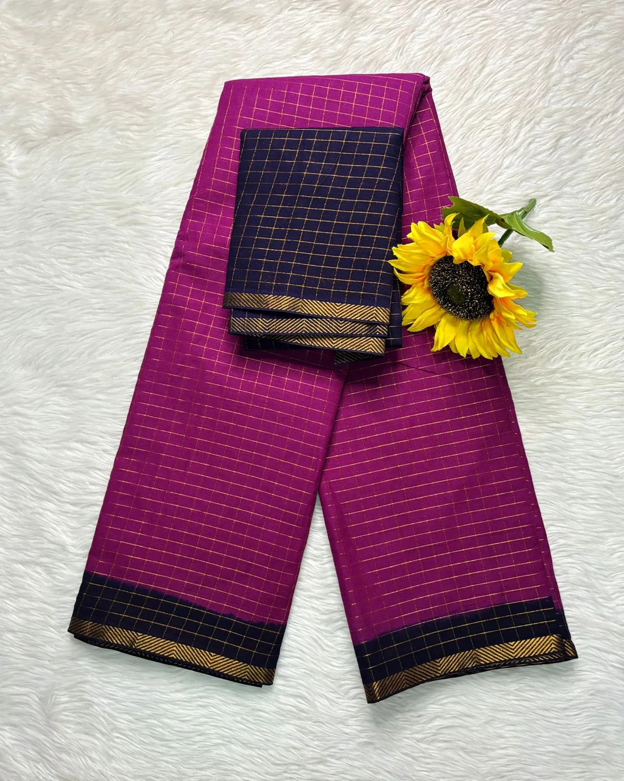 Madurai sungudi Cotton Zari Check Contrast - Megenta Pink (With Blouse)-Pentex