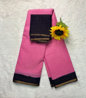 Madurai sungudi Cotton Zari Check Contrast - Light pink with blue (With Blouse)-Pentex