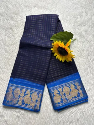 Madurai sungudi Cotton Zari Check Contrast - Navy blue with Sky blue (Running Blouse)