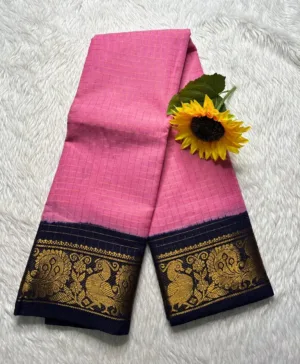 Madurai sungudi Cotton Zari Check Contrast - Light pink with blue (Running Blouse)