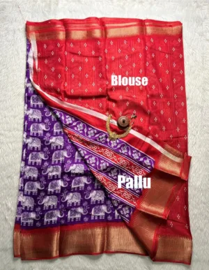 Dola silk saree with running blouse - Dola silk - Lavender with red - Elephant print2