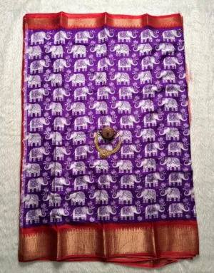 Dola silk saree with running blouse - Dola silk - Lavender with red - Elephant print1