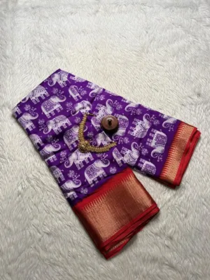 Dola silk saree with running blouse - Dola silk - Lavender with red - Elephant print