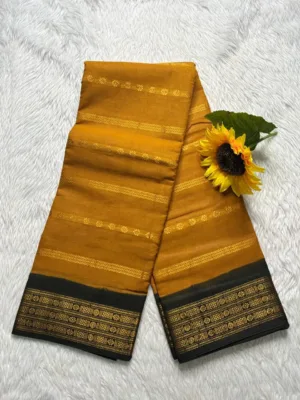 Madurai Sungudi Cotton Veludhari Contrast Border with running blouse - Mustard yellow with black