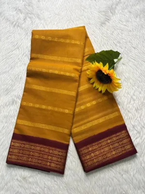 Madurai Sungudi Cotton Veludhari Contrast Border with running blouse - Mustard yellow with Maroon